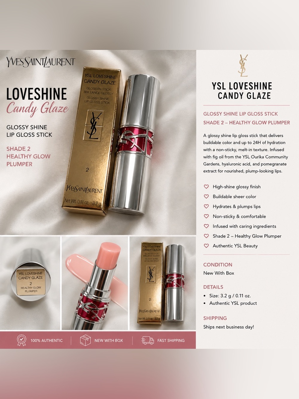 YSL Loveshine Candy Glaze Lip Gloss Stick #2 Healthy Glow Plumper | NIB